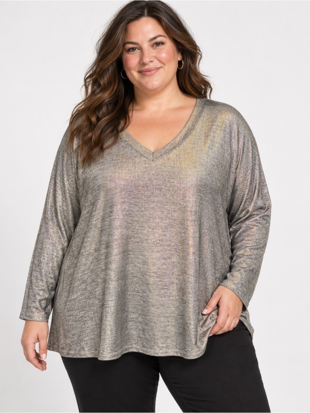 Plus size metallic pewter v-neck long sleeve tunic